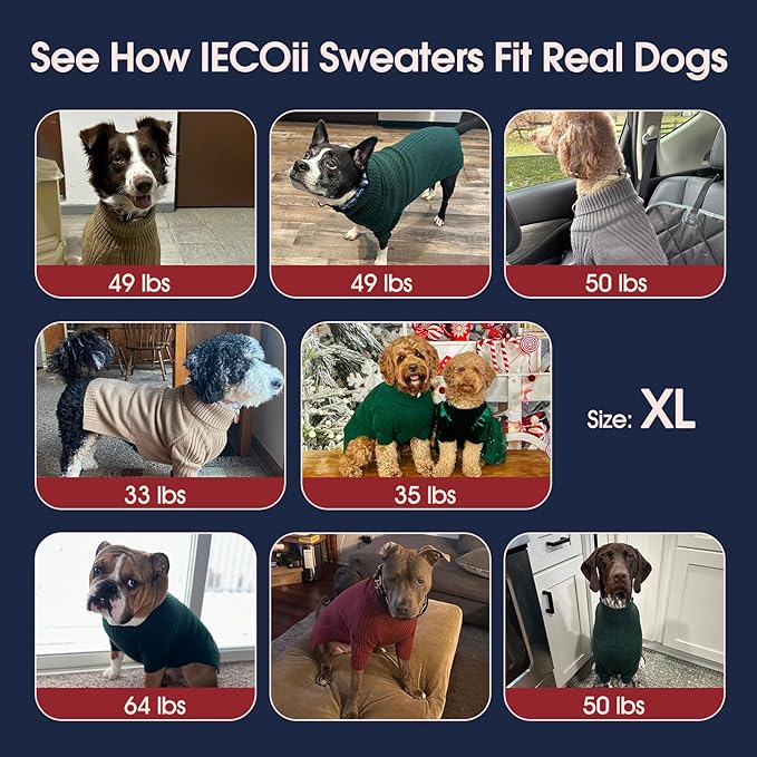 IECOii XL Dog Sweater,Winter Doggy Clothes for Large Dogs Girl Boy,Warm Pullover Xmas Dog Sweater Turtleneck,Lightweight & Good Stretch for Active Dogs Like Beagle,Border Collie (Green,XLarge)