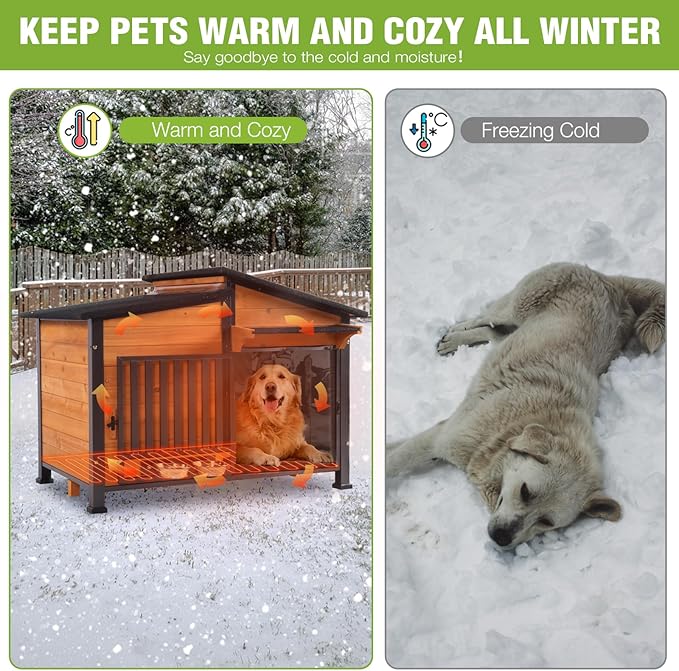 GUTINNEEN Heated Dog House Large Outdoor Insulated Dog Kennel Weatherproof Dog Shelter with Heated Pad, Insulated All-Round Thermal Liner, Chew-Proof Design for Dogs (Brown)