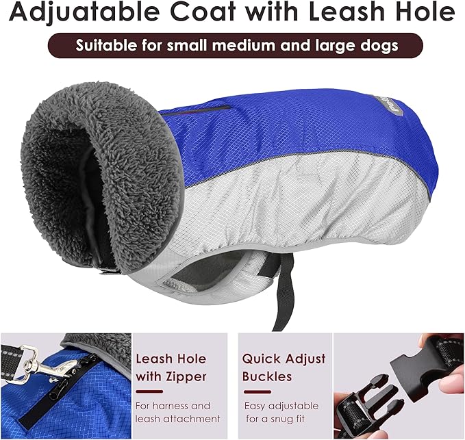 Dog Coat, Waterproof Ripstop Dog Winter Jacket with Leash Hole, Reflective Adjustable Warm Pet Fleece Snow Sweater for Small Medium Large Dogs - Blue, S
