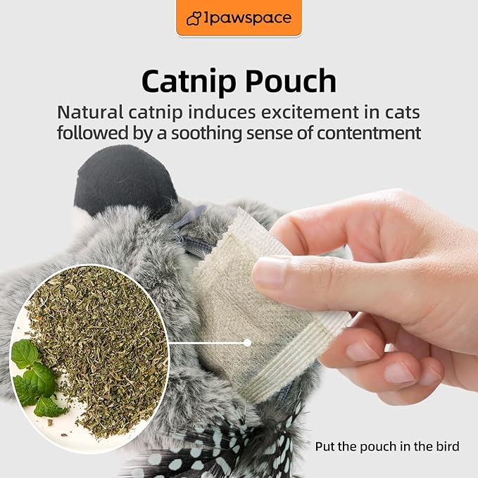 Interactive Flapping Bird Cat Toy with Catnip, Musical Sound (can Turn Off), Satisfy Cat's Natural Huting Instinct, Soft Plush Washable Cover, Moving Toy for All Breeds Cats(Gray)