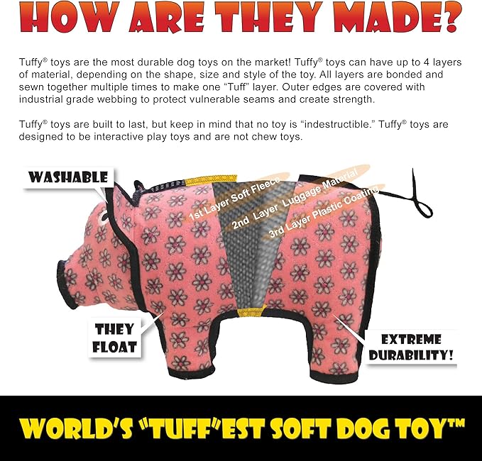 TUFFY - World's Tuffest Soft Dog Toy - Ocean Alligator-Squeakers - Multiple Layers. Made Durable, Strong & Tough. Interactive Play (Tug, Toss & Fetch). Machine Washable & Floats. (2 Packs)