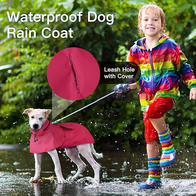 Waterproof Dog Raincoat, Windproof Rain Jacket for Large Dogs with Reflective Strips, Convertible Hood/Collar Poncho with Leash Hole Full Body Protection (Neon Pink, XXL)