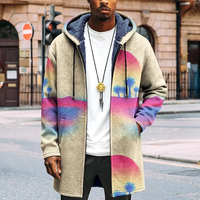 LIZALIG Long Hooded Cardigan Men Japanese Art Style Fashion Cool Graphic Coats Winter Warm Lined Fleece Jacket