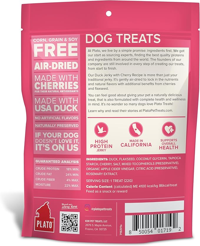 PLATO Pet Treats - Air-Dried Jerky - Delicious, Real Meat Dog Treats - Grain Free - Supports Healthy Digestion - Duck with Cherry 16oz