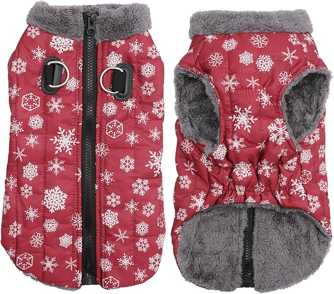 Warm Fleece Dog Coats with Durable Harness Buitl in D-Ring,Waterproof Doggie Jacket for Medium Dogs,Dog Vest for Cold Winter,Red,Snow Pattern L