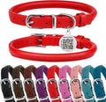 BRONZEDOG Rolled Leather Dog Collar for Small Medium Large Dogs with QR ID Tag (M: 14-16 Inch, Scarlet Red)