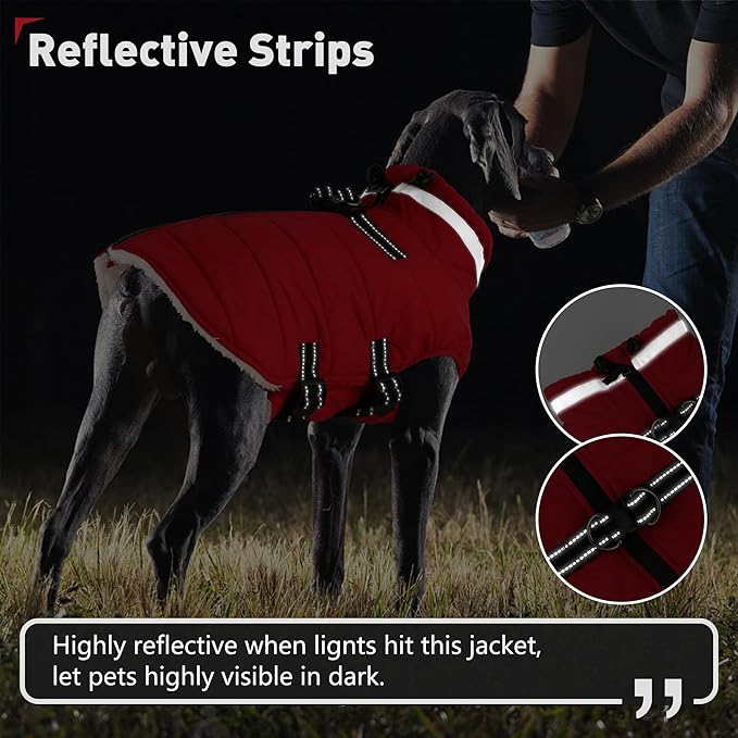 Dogcheer Dog Coat with Harness, Waterproof Dog Jacket Adjustable Pet Winter Coat with Zipper, Christmas Puppy Snow Jacket Fleece Sweater for Small Medium Large Dogs - Red L