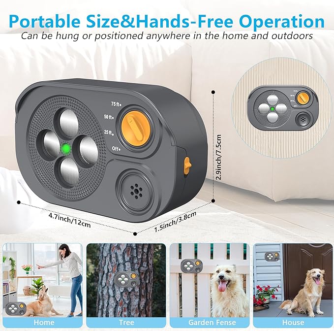 BONSO Ultrasonic Anti Barking Device for Dogs, Bark Control Device Box with 3 Modes, Variable Ultrasound Frequencies, Automatic Dog Whistle, Effective Range up to 75ft, Neighbor Dog Silencer (Grey)