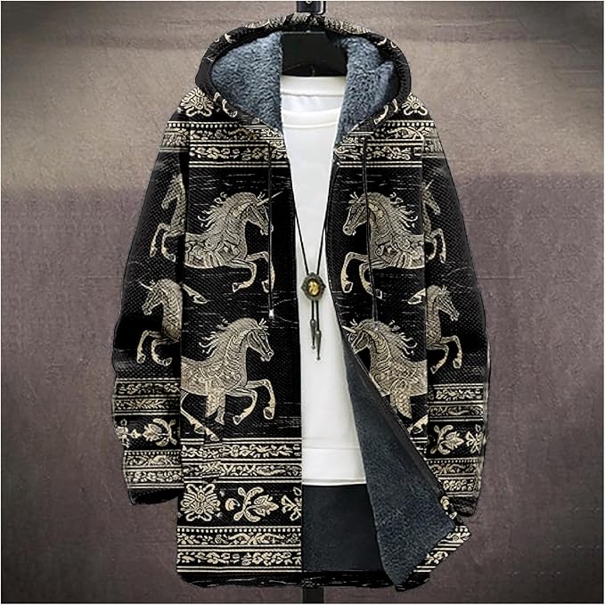 Mens Aztec Print Hoodie Heavyweight Cotton Fleece Jacket Zip Up Warm Long Sleeve Hooded Winter Midi Coat