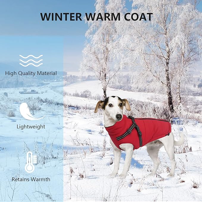 Winter Warm Coat Geyecete Waterproof Dog Winter Jacket with Harness Traction Belt,Pet Outdoor Jacket Dog Autumn and Winter Clothes for Medium, Small Dog-Red-S