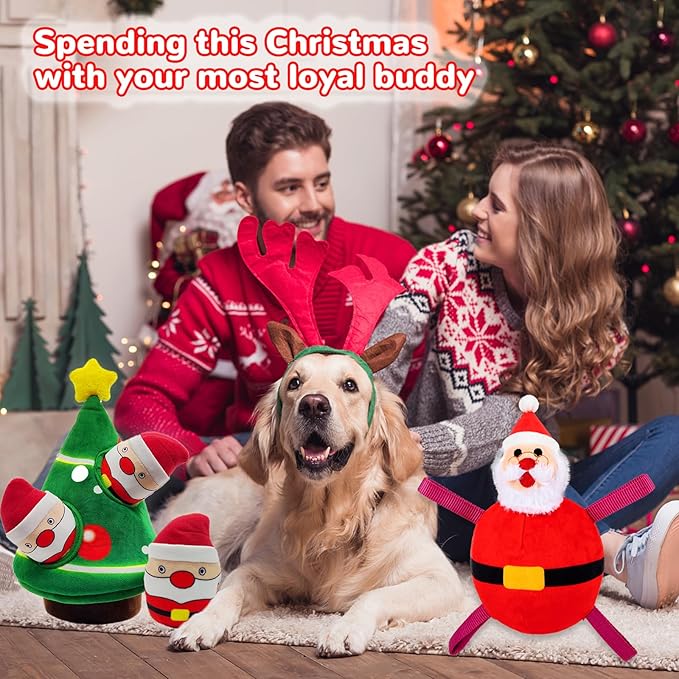 Christmas Dog Toys, Dog, Xmas Christmas Tree, Santa Claus Hide and Seek Puzzle Squeaky Plush Rope Chew Fetch Brain Stimulating Toy Presents for Small Medium Dogs