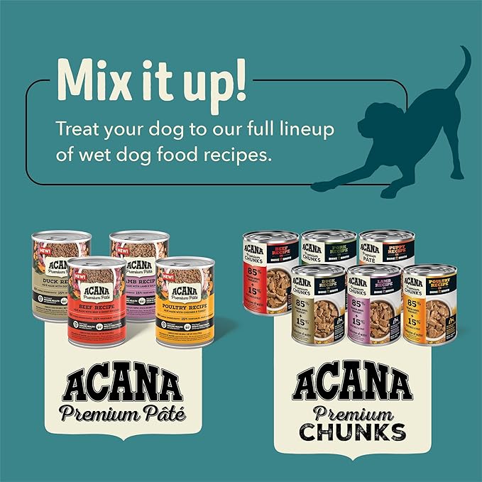 ACANA Premium Chunks in Bone Broth Grain-Free Wet Dog Food Variety Pack: Lamb + Duck Recipes 12.8oz Cans (6 Count, 3 of Each)