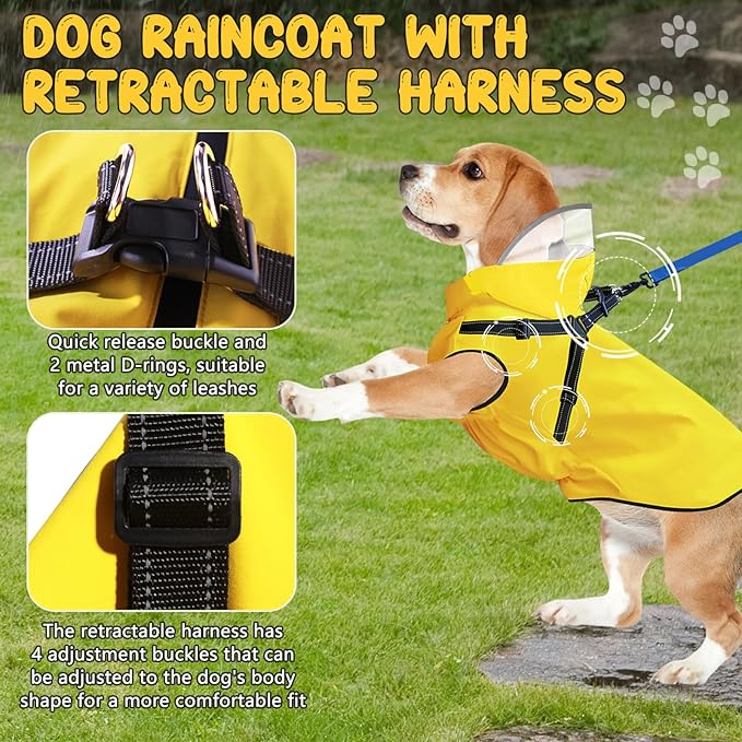 Dog Raincoat: Dog Rain Jacket with Reflective Harness & Removable Hood | Waterproof Dogs Rain Coat Poncho for Large Medium Small Dogs Puppies (Yellow - L)
