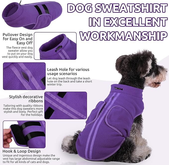 Queenmore Medium Dog Sweaters, Soft Fleece Vest Pullover Dog Jacket with Leash Hole, Warm Winter Dog Clothes Cold Weather Doggy Dachshund Sweater for Medium Dogs Cats Boy or Girl (Lavender, M)