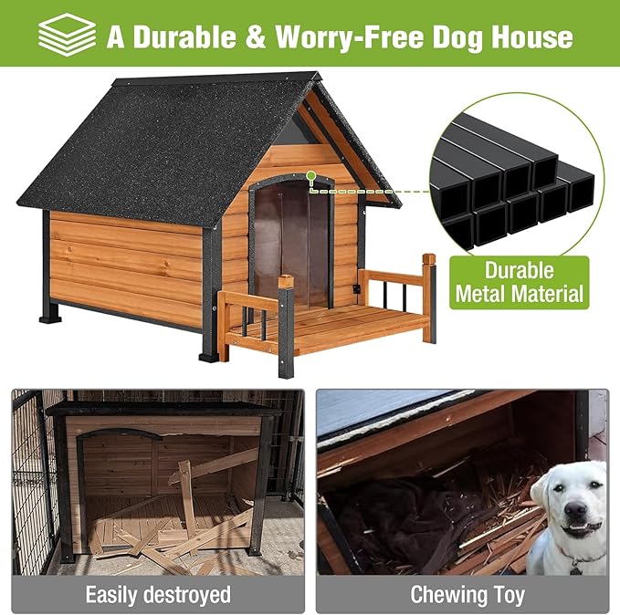 GUTINNEEN Large Heated Dog House Outdoor Insulated Weatherproof Dog Kennel with Heated Pad, Insulated All-Round Thermal Liner, Chew-Proof Strong Iron Frame Dog House for Dogs (Winter-Ready)