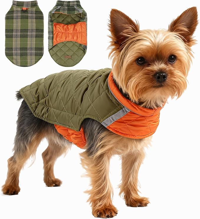 Quilted Dog Winter Coat, Plaid Lined Reversible Vest, Reflective Safety Strip, Cold Weather Pet Apparel Army Green M