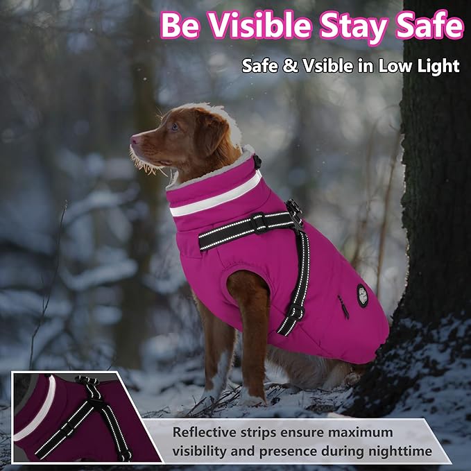 Dogcheer Dog Coat with Harness, Waterproof Dog Jacket Christmas Pet Winter Coat with Pockets, Reflective Doggy Turtleneck Fleece Jacket for Small Medium Large Dogs - Pink, L