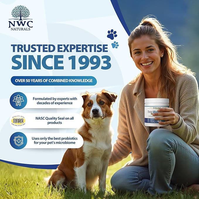 NWC Naturals Total-Biotics, Cat & Dog Probiotics for Digestive Health with Prebiotic, Unflavored Probiotic for Dogs & Cats, Supplement for Gut, Skin, Coat, Stomach Relief, 100 Servings, 2.22 Ounces
