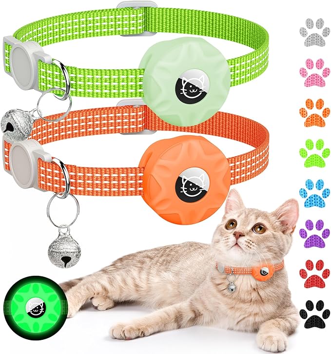 2 Pack Airtag Cat Collar,Reflective Kitten Collar Breakaway with Apple Air Tag Holder and Bell for Girl Boy Cats, Lightweight Adjustable for 7.87-13"" (Luminous Green&Orange)