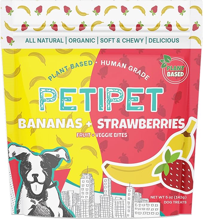PETIPET Bananas+Strawberries Plant-Based Fruit Dog Treats - Strawberry, Apple, Banana Soft & Chewy Treats - Healthy, Vegetarian, Vegan - Organic Ingredients, Low-Protein, Hypoallergenic, Gluten-Free