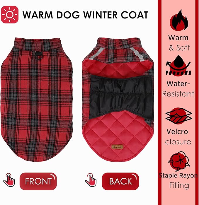 Quilted Dog Winter Coat, Plaid Lined Reversible Vest, Reflective Safety Strip, Cold Weather Pet Apparel Red XS