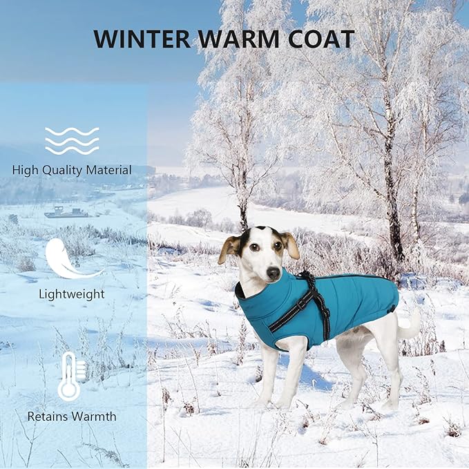 Geyecete Winter Warm Coat Waterproof Dog Winter Jacket with Harness Traction Belt,Pet Outdoor Jacket Dog Autumn and Winter Clothes for Medium, Small Dog-Blue-L