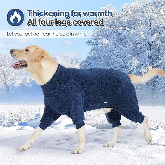 Dog Winter Coat, Warm Fleece Dog Jacket, Windproof Pullover Jumpsuit, Full Body Pajamas Onesie, Cold Weather Clothes for Medium Large Dog(2XL,NavyBlue)