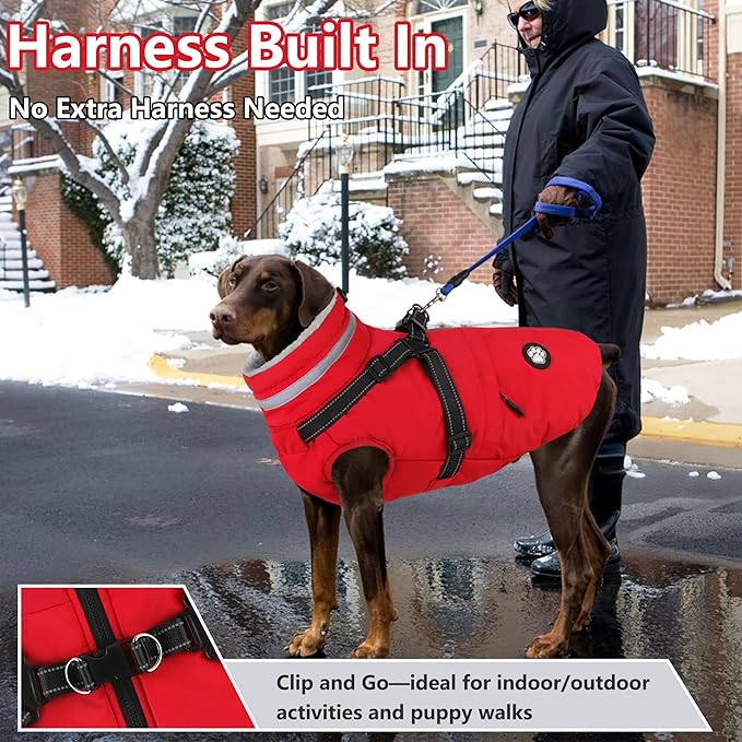 Dogcheer Dog Coat with Harness, Waterproof Dog Jacket, Christmas Puppy Winter Coat with Pocket, Reflective Doggy Turtleneck Puffer Vest for Small Medium Large Dogs - Red, XS
