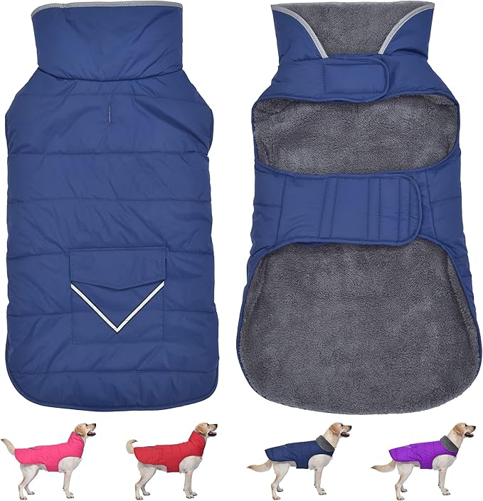 Dog Coat, Waterproof Dog Winter Jacket with Pocket, Reflective Adjustable Pet Snow Vest, Warm Cozy Fleece Sweater for Small Medium Extra Large Dogs - Blue, L
