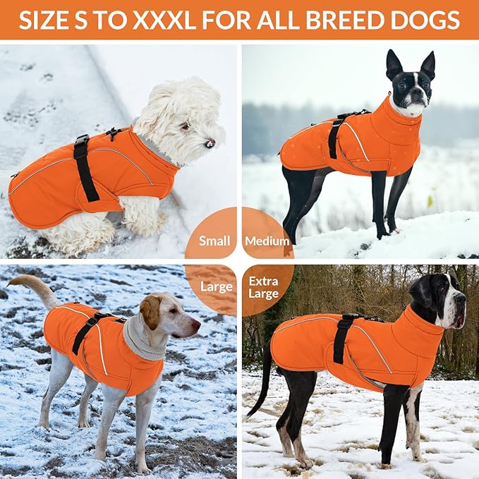 Queenmore Winter Dog Coat Warm Dog Jacket Vest Waterproof Puffer Fleece Snowsuit Adjustable Buckle Leash Hole Reflective Cold Weather Parka for Small Medium Large Dogs Girl Boy Orange L