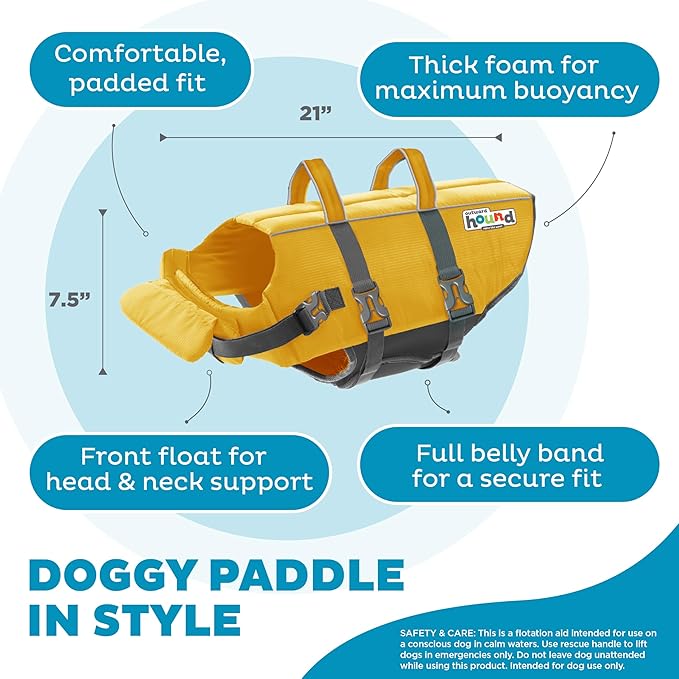 Outward Hound Granby Splash Dog Life Jacket, High-Buoyancy Dog Life Vest for Swimming, Boating, and Water Safety, XL, Yellow