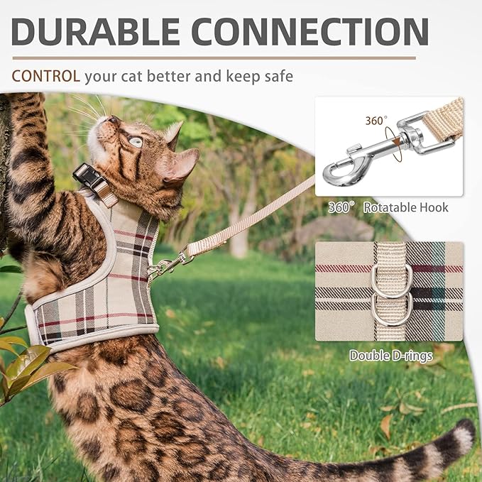 PUPTECK Soft Mesh Cat Vest Harness and Leash Set Puppy Padded Pet Harnesses Escape Proof for Cats Small Dogs Rabbits Bunny, Plaid Beige, M