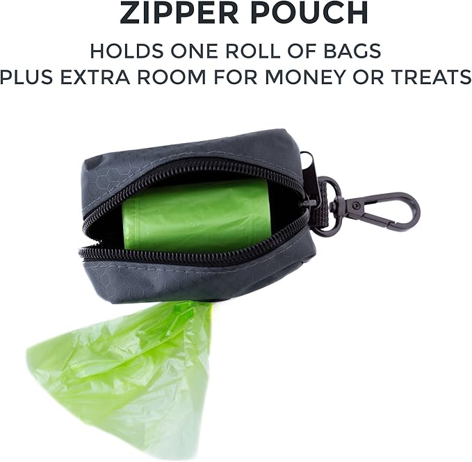 Mighty Paw Dog Poop Bag Holder - Zippered Pouch with Carabiner Hook - Includes Roll of Pick-up Bags - Pet Poop Holder and Dispenser - Pet Walking Supplies - (Grey/Green)