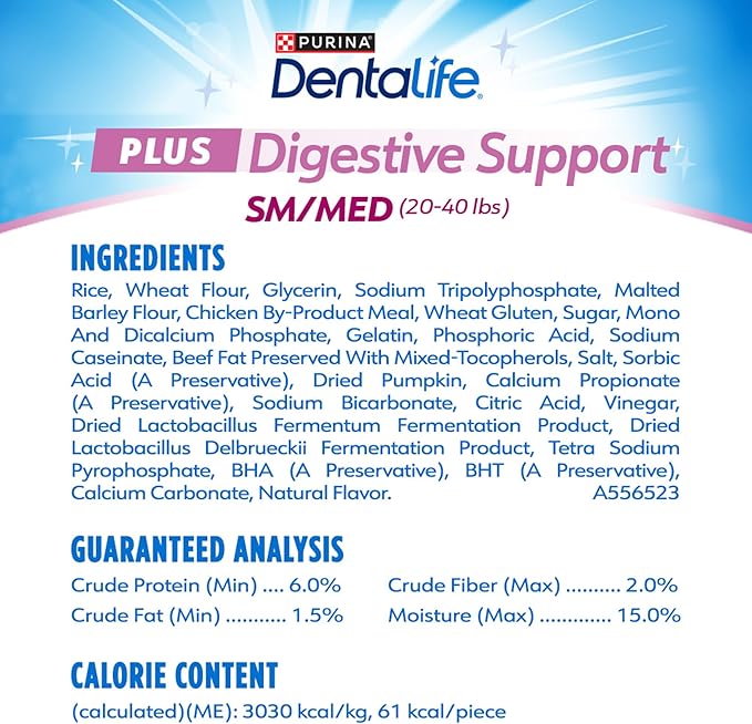 Dentalife Plus Digestive Support Dog Treats for Small and Medium Dogs 20-40 lbs., Cleans Teeth, Freshens Breath, & Supports Healthy Gut, Chicken & Pumpkin Flavor, 6 oz., 8 Chews - 6 oz. Pouch