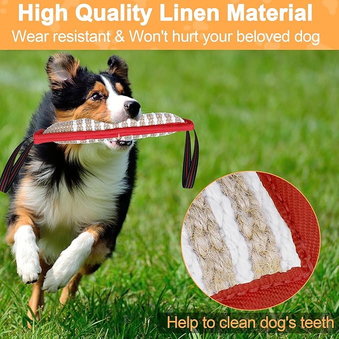 ToLanbbt Dog Tug Toy Bite Jute Pillow Pull Toy with 2 Strong Handles Perfect for Tug of War, Puppy Interactive Play, Tear Resistant Bite Training for Small Medium Large Dogs (Red-Bright Line)