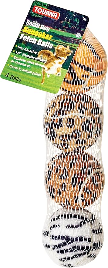 TOURNA 1.9-Inch Mini Squeaker Tennis Balls Fun Animal Print Dog Toy for Small Dogs 4 Pack