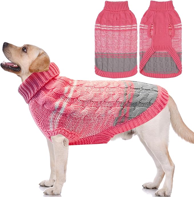Mihachi Soft & Warm Dog Sweater - Pink Turtleneck Knitted Pullover with Leash Hole, Size L