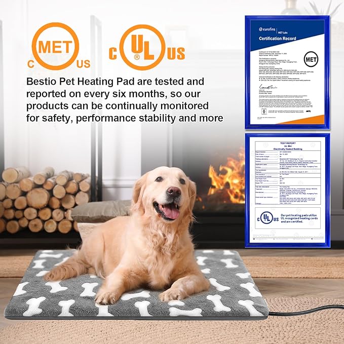 Bestio Large Dog Heating Pad 34×21 in Heated Dog Cat Bed with Upgraded Smart Switch,Added Constant On Function，UL&MET Dual Certification with Washable Cover-Gray