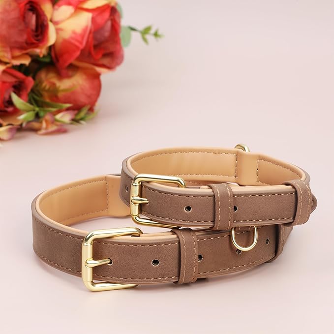 Leather Dog Collar for Small Medium Large Dogs, Soft Padded Dog Leather Collar with Heavy Duty Gold Buckle, Durable & Comfortable for Large Dogs Daily Walking (Light Brown, L)