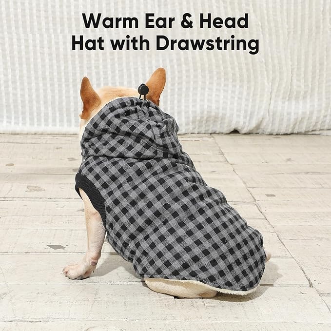 Fleece Lining Dog Hoodie for Medium Dogs Extra Warm Plaid Sweater with Drawstring Hooded Coats in Winter Doggie Jacket,Black L