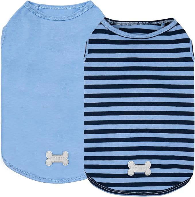 KYEESE 2Pack Dog Shirts Small Tee Soft for Small Dogs Striped T Shirt Lightweight Sleeveless Vest Cotton Tank Top Clothes, Large,Dark Blue+Striped