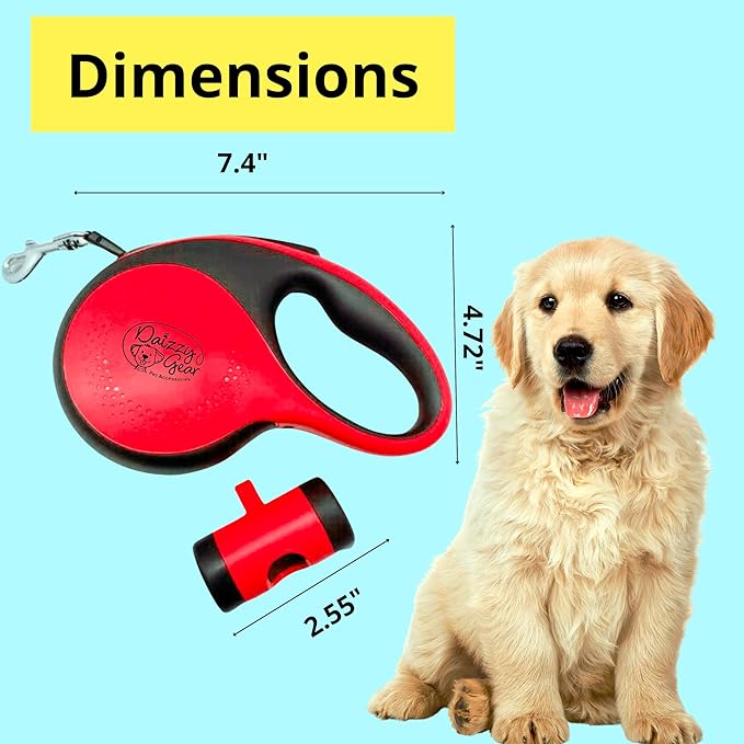 Long Retractable Dog Leash with Poop Bag Dispenser – Tangle-Free 16FT Extendable Leash for Small Dogs and Medium with Removable Waste Bag Holder & 2 Rolls of Bags - Medium - Red