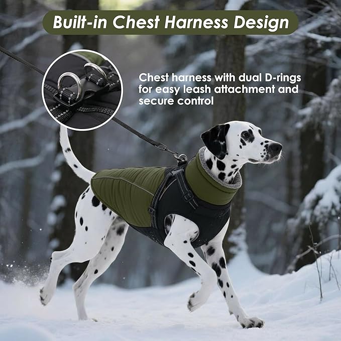 ASENKU Reflective Dog Coat with Built-in Harness, Windproof Fleece-Lined Dog Jacket for Small, Medium, Large Dogs, Warm Winter Vest with Turtleneck & Zipper (Green XL)