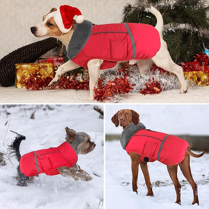 Dogcheer Warm Dog Coat, Christmas Dog Jacket Waterproof Puppy Winter Coat with Buckles, Reflective Adjustable Pet Snow Jacket Turtleneck Fleece Sweater for Small Medium Large Dogs - Red, 2XL