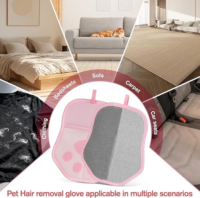 Pet Hair Removal Glove for Cats & Dogs, 2 Pcs With Hanging Hooks, Reusable Electrostatic Pet Hair Gloves, size 9.8 x 7.87 x 0.5 in, Pet Hair Glove for Clothes, Sofas, Carpets, Car Seats（Pink and gray）