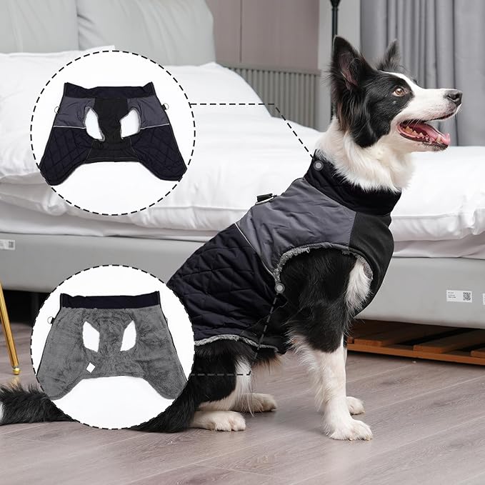 Warm Fleece Dog Coats for Medium Dogs,D-Rings Waterproof Puppy Jacket for Cold Winter,Black XL