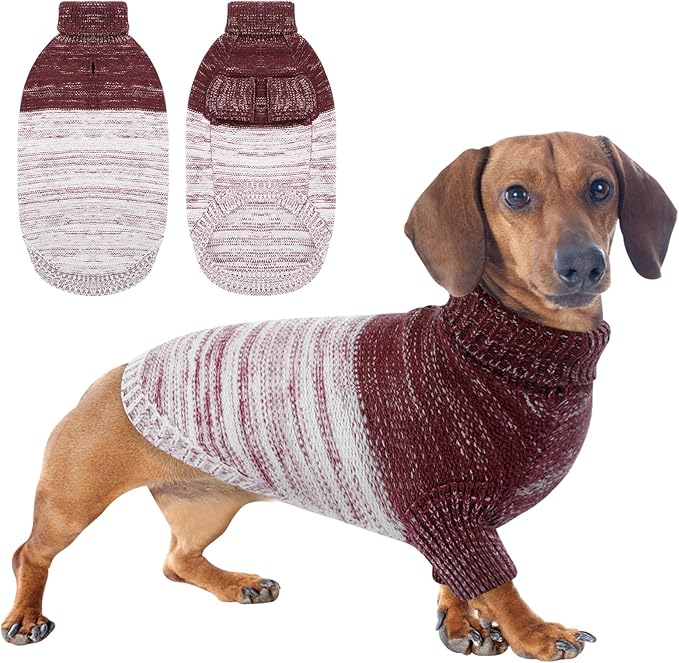 Queenmore Knitted Pullover Dog Sweater, Turtleneck Pet Cat Sweater, Cold Weather Puppy Clothes Stitching Knitwear with Leash Hole for Small Medium Dogs(Purple,M)