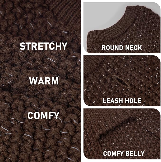 KYEESE Dog Sweater with Leash Hole Comfy Pullover Sweater Medium Size Male with Reflective Yarn Warm Pet Coats Stretchy Cozy Lightweight Thick Knitwear Dog Clothes,Khaki, X-Large