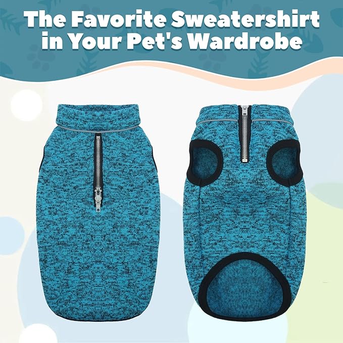 ROZKITCH Dog Sweater for Small, Knit Pet Jacket with Fleece Lining, Warm Winter Coats for Small Dogs with Zipper Opening for Harness, Adjustable Neck Reflective Pet Jacket Blue M