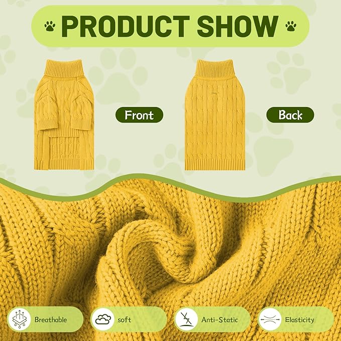 Small Dog Thermal Pullover Sweater, Classic Turtleneck Cable Knitwear Dog Clothes for Cold Weather Warm Pet Clothes for Chihuahua, Bulldog, Dachshund, Pug Yellow XX-Large